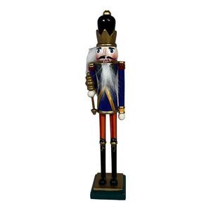 Vintage Christmas King Nutcracker Decoration Bearded Hat Wooden 8" Tall Holiday